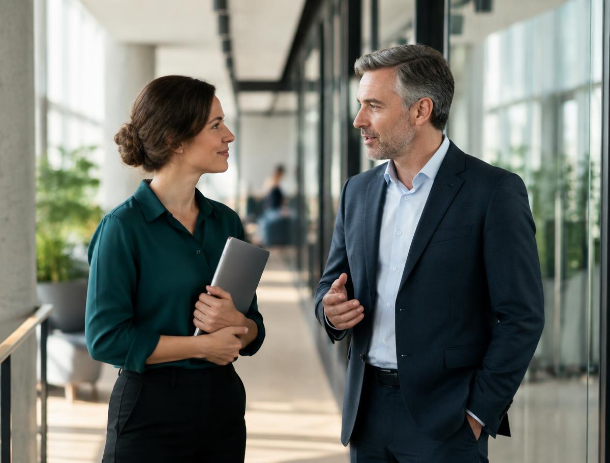 Profissionais conversando em ambiente corporativo